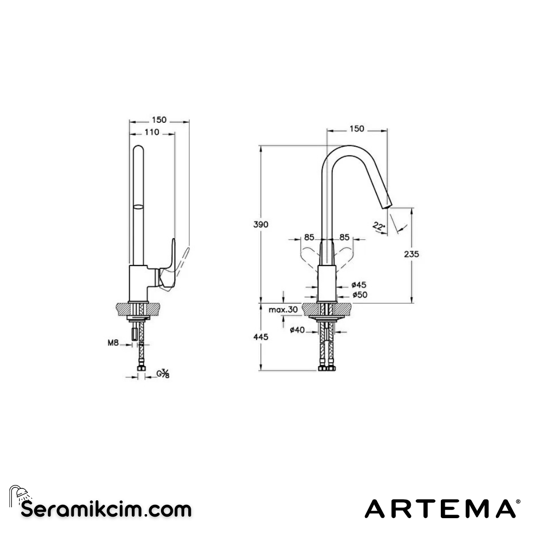 Artema Root Round Eviye Bataryası Krom A42742 - A42742