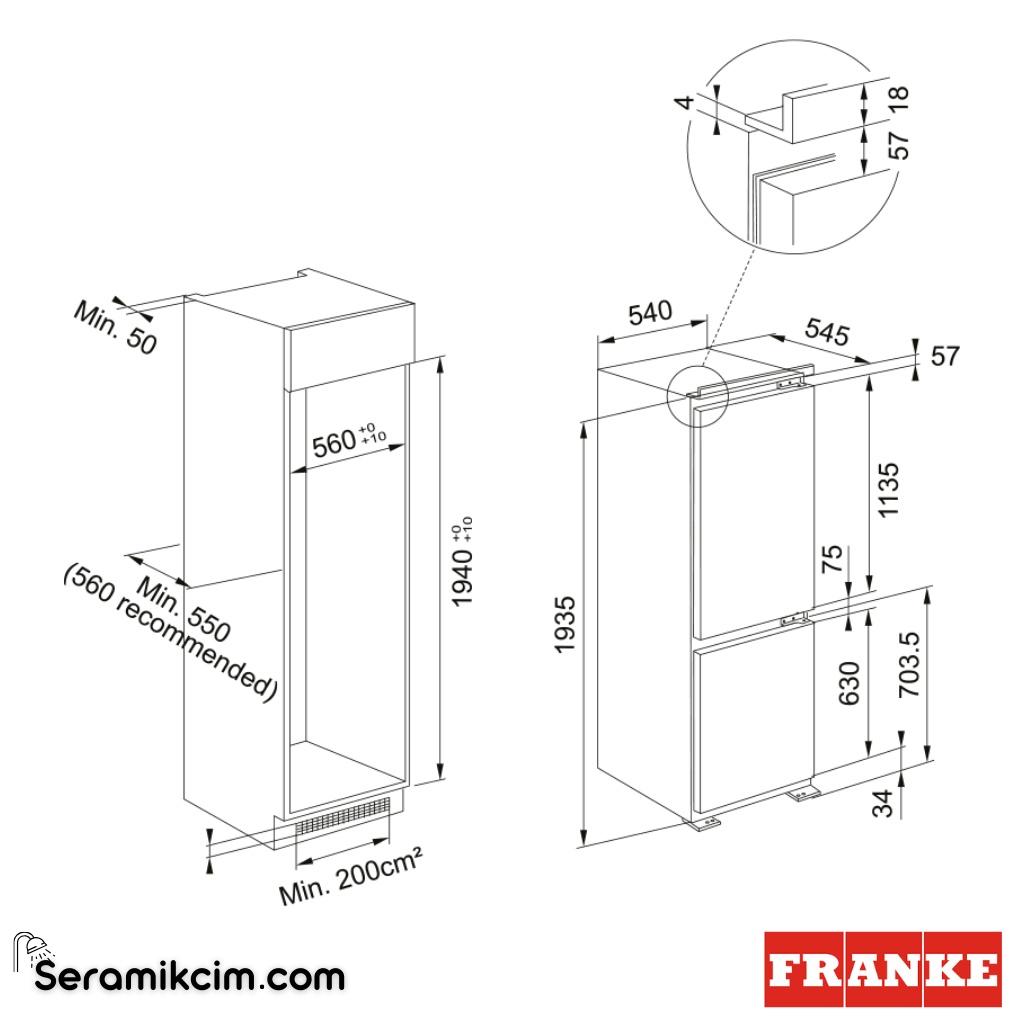 Franke FCB 360 TNF NE E No Frost 280lt Çift Kapaklı Ankastre Buzdolabı 118.0656.684 - 118.0656.684