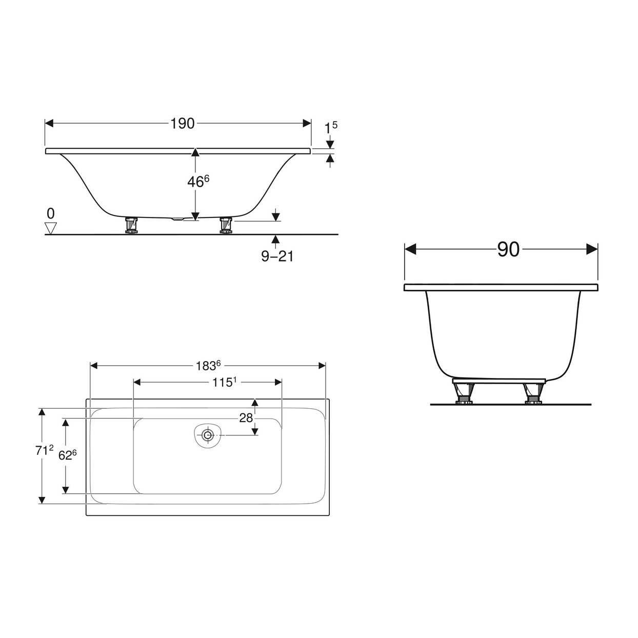 Geberit Tawa dikdörtgen küvet, ayaklı, çift sırt eğimli 190 x 90 cm - 554.125.01.1