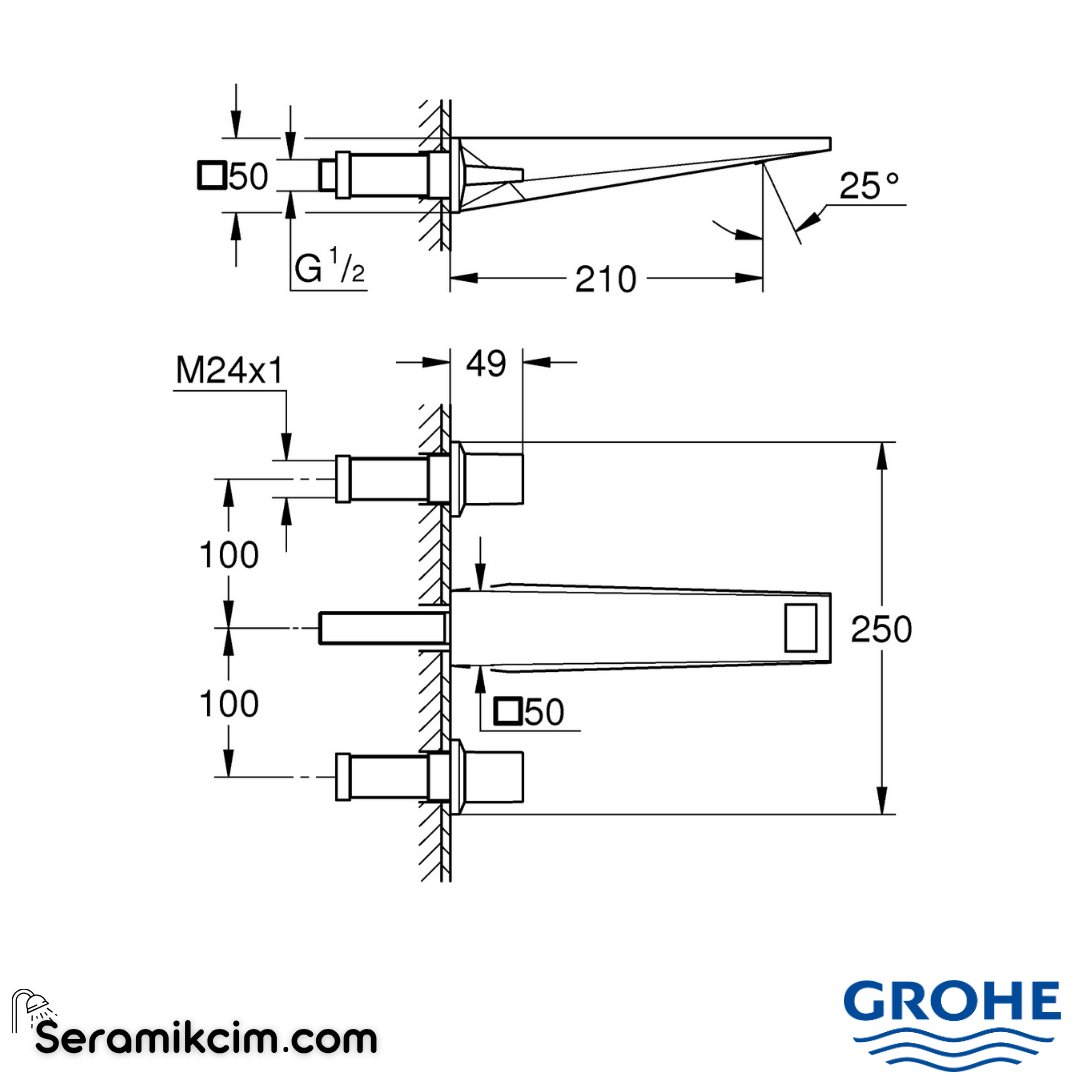 Grohe Allure Brilliant L-Boy, 3 Delikli Duvardan Ankastre Lavabo Bataryası (Sıva Üstü Grubu), Fırçalı Sert Grafit 20629AL0 - 20629AL0