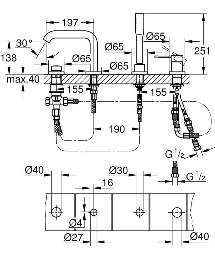 Grohe Essence 4 Delikli Küvet Bataryası - 19578001