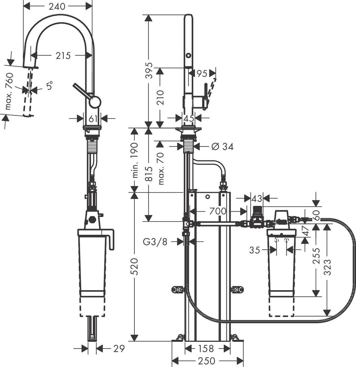Hansgrohe Aqittura M91 Filtre Sistemi 210, Çekil Eviye Bataryası Gaga, 1Jet, Satin Beyazox, 76800000 - 76800000