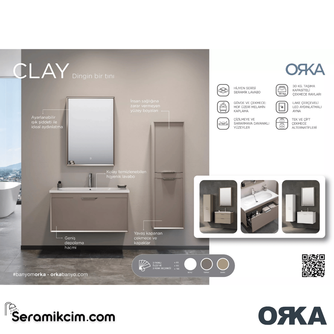 Orka Clay 100cm Çift Çekmeceli Banyo Dolabı Set Beyaz - ORK032.100.01.TKM