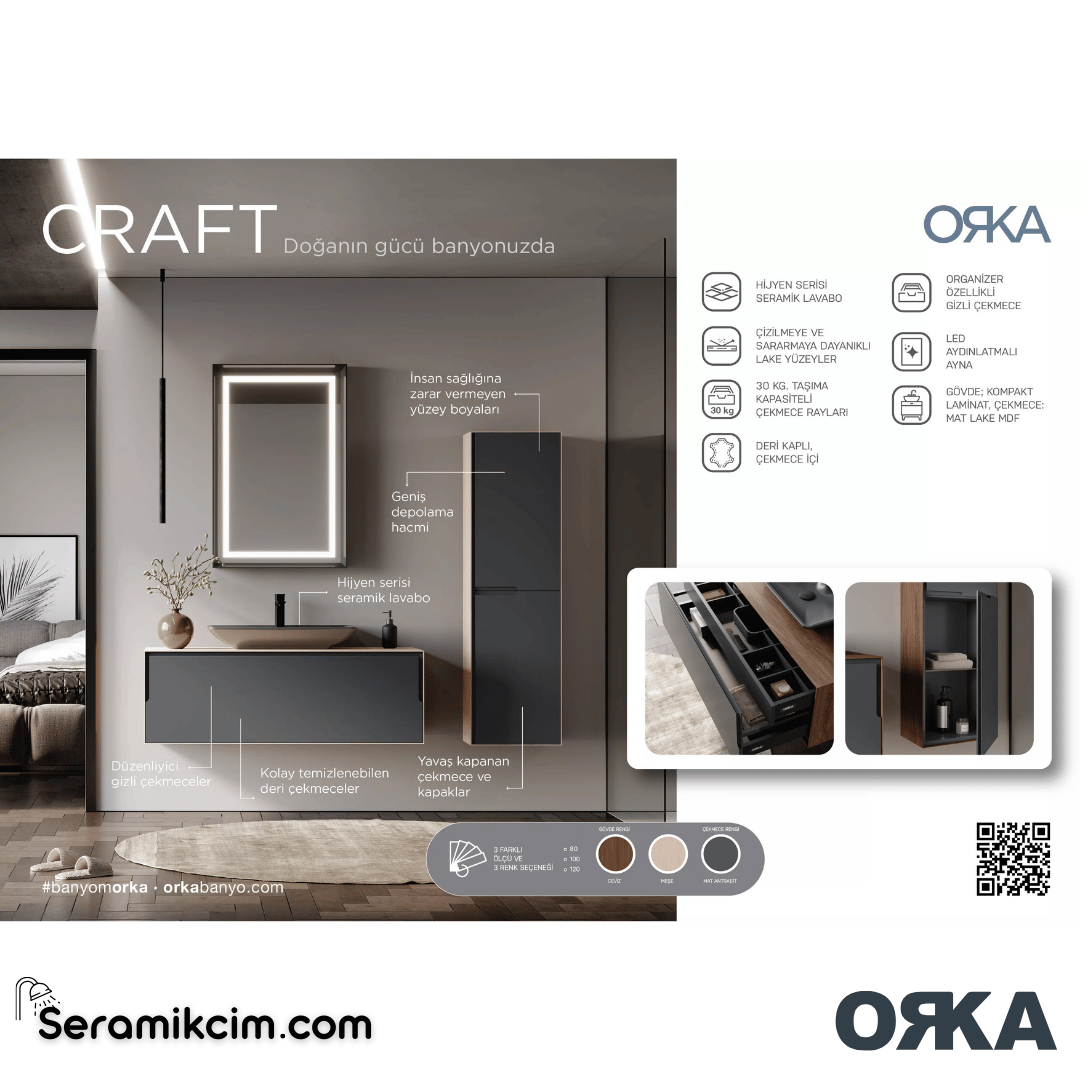 Orka Craft 100cm Banyo Dolabı Set Ceviz Mat Antrasit Lavabo - ORK03.100.01.TKM