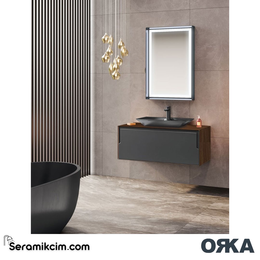 Orka Craft 100cm Banyo Dolabı Set Ceviz Mat Antrasit Lavabo - ORK03.100.01.TKM