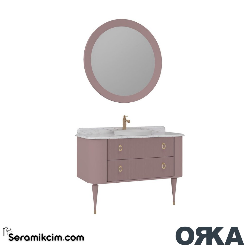 Orka Felice 120cm Banyo Dolabı Set Altın Ahşap Ayaklı Mat Pudra - ORK070.120.04.TKM