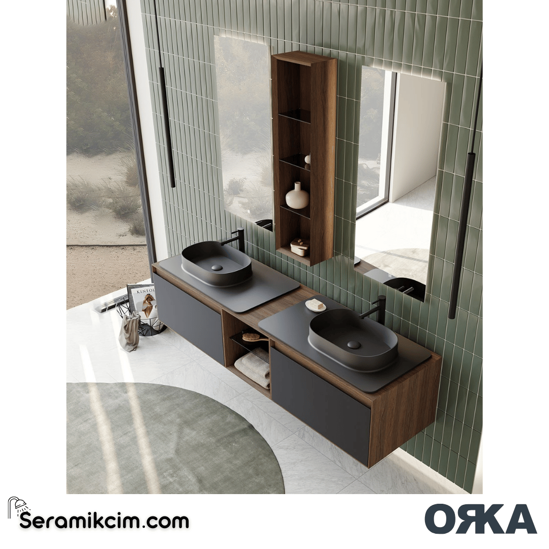Orka Pacific 180cm Banyo Dolabı Set Mocha Meşe / Mat Gri - ORK200.180.02.TKM