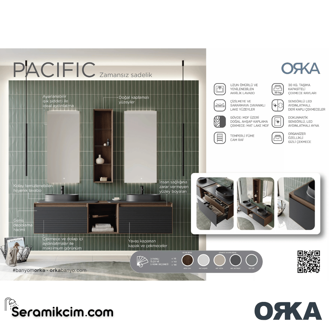 Orka Pacific 180cm Banyo Dolabı Set Mocha Meşe / Mat Gri - ORK200.180.02.TKM