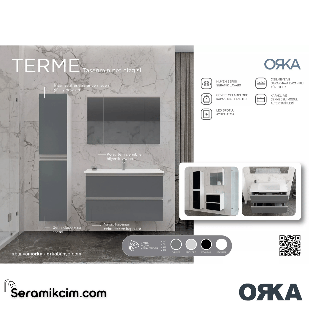 Orka Terme 80cm Banyo Dolabı Set Kapaklı Parlak Siyah - ORK240.80.04.TKM