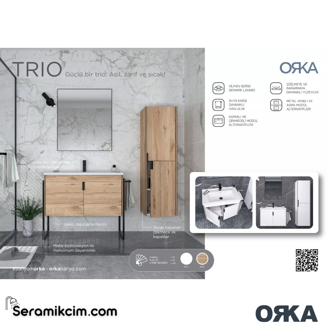 Orka Trio 100cm Asma Banyo Dolabı Set Çekmeceli Beyaz - ORK243.100.01.TKM