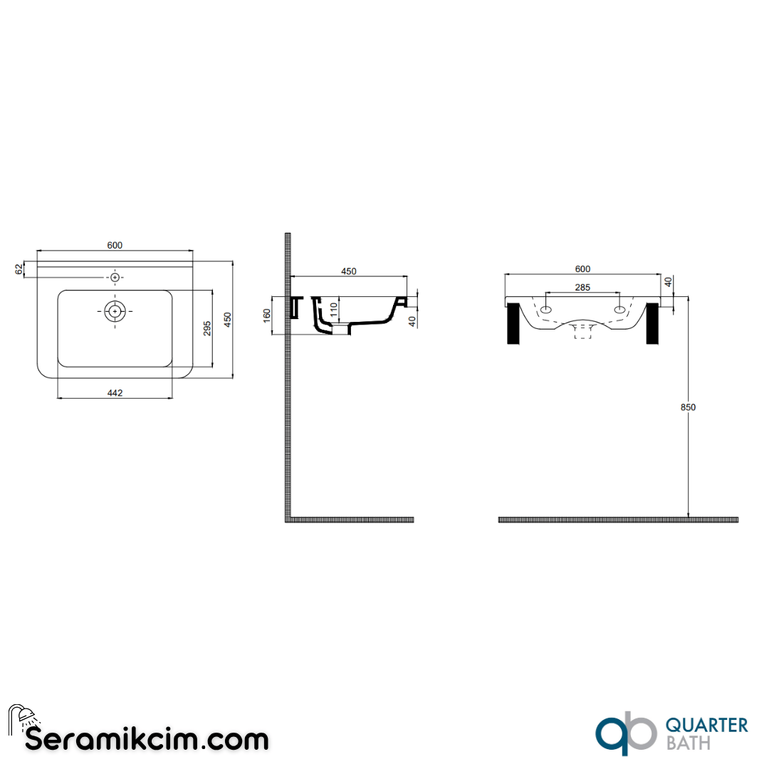 Quarter Bath 60cm Space Line Dolap Uyumlu Etajerli Lavabo Beyaz - 70SP21060