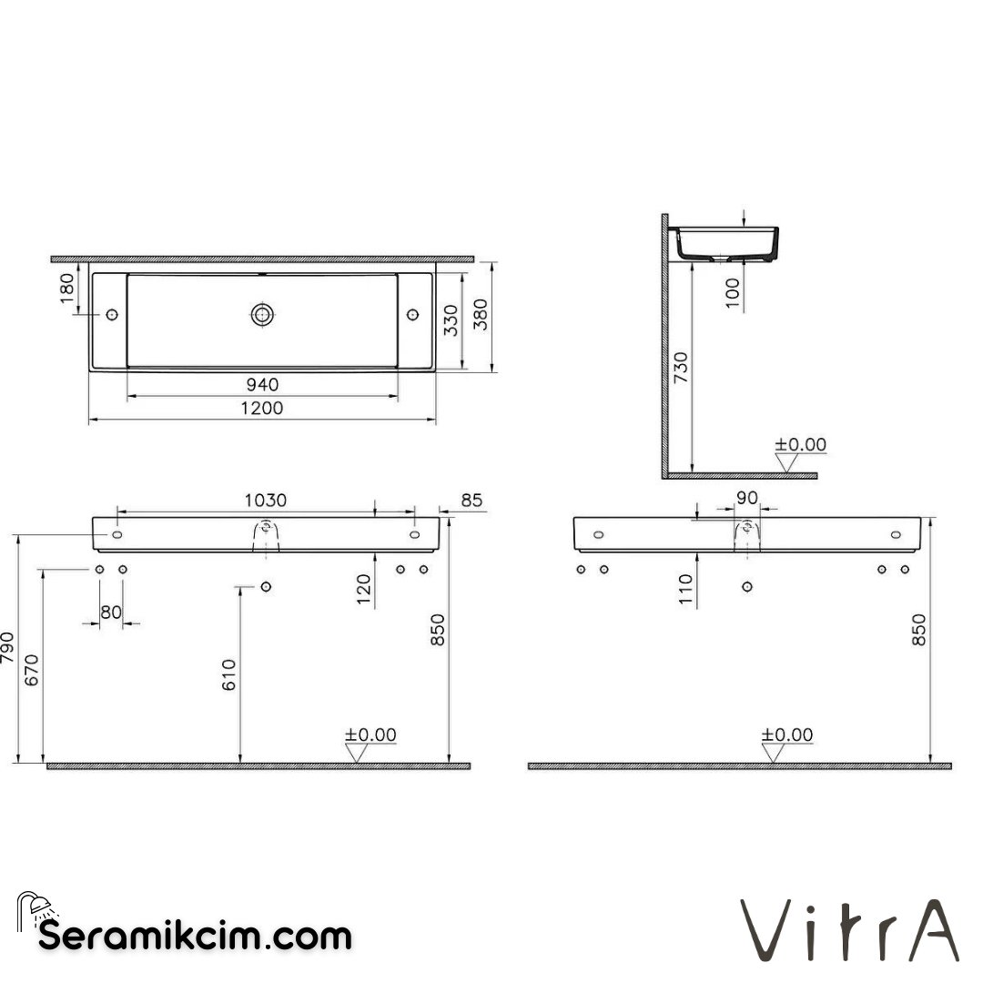 VitrA Archiplan Lavabo Kompakt, 120x38 cm Su Taşma Delikli, Mat Taş Gri - 7410B076-1452