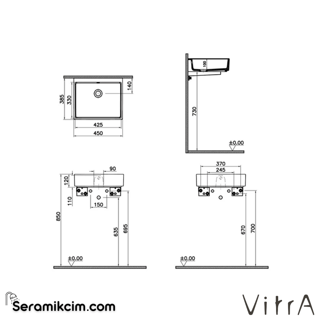 VitrA Archiplan Lavabo Kompakt, 45x38 cm Armatür Deliksiz, Su Taşma Delikli, Beyaz - 7403B003-0012