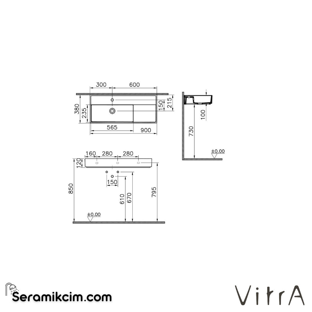 VitrA Archiplan Lavabo Kompakt, 90x38 cm Tek Armatür Delikli, Su Taşma Delikli, Beyaz - 7402B003-0001