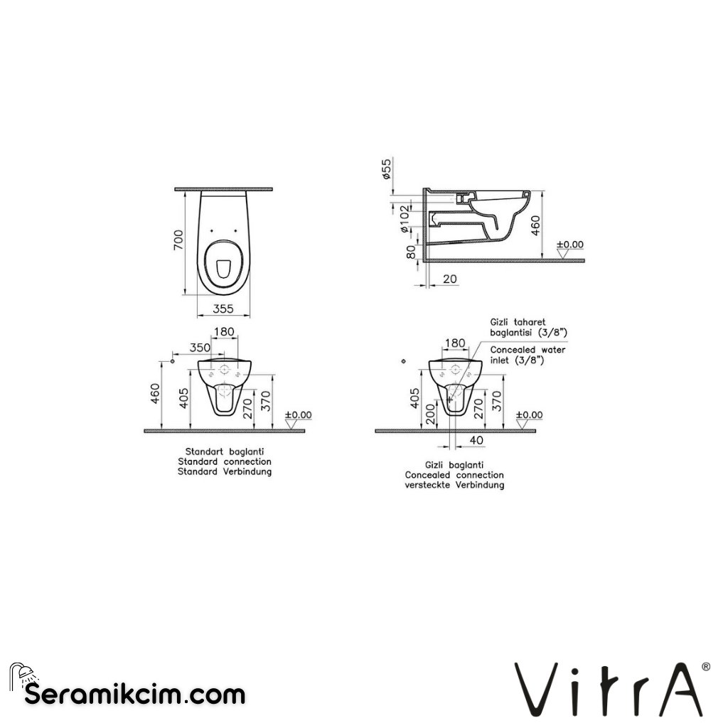 VitrA Conforma Asma Klozet Özel İhtiyaç, 70 cm Taharet Borulu, Beyaz - 5813L003-0850