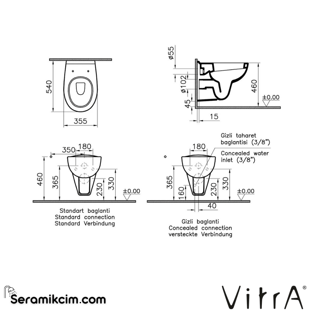 VitrA Conforma Asma Klozet Özel İhtiyaç, 54 cm Taharet Borulu, Beyaz - 5812L003-0850