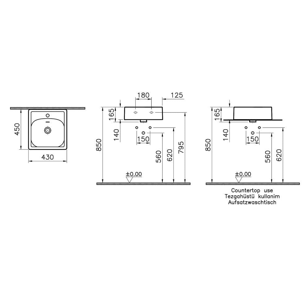 Vitra Equal Çanak Lavabo Dikdörtgen, Kompakt, 45X45 Cm Tek Armatür Delikli, Su Taşma Delikli, Clean, Mat Taş Gri - 7240B476-0631