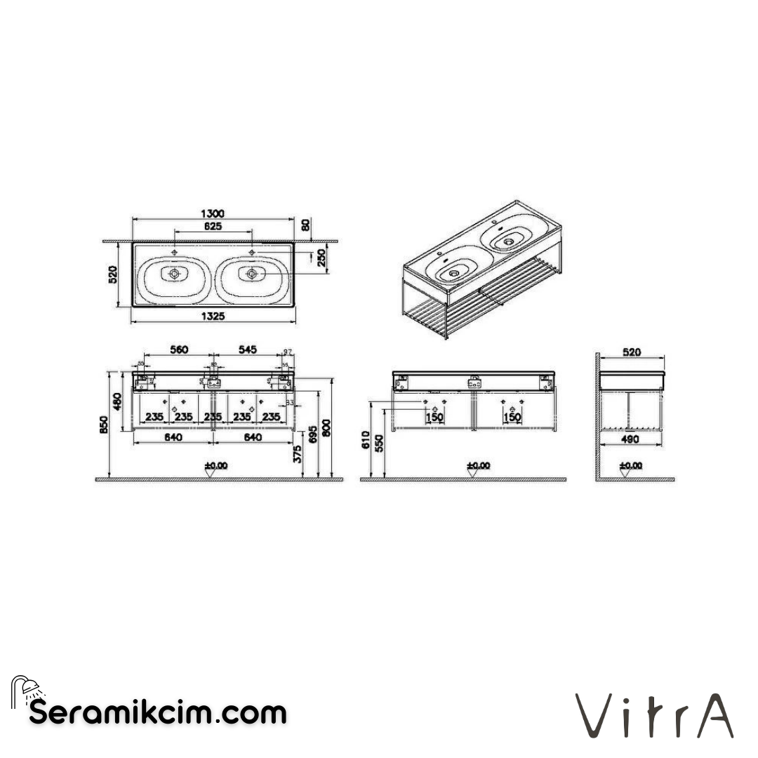 Vitra Equal Lavabo Ünitesi, 130 Cm, Çift Hazneli Lavabolu, Raflı, Karaağaç - 64101