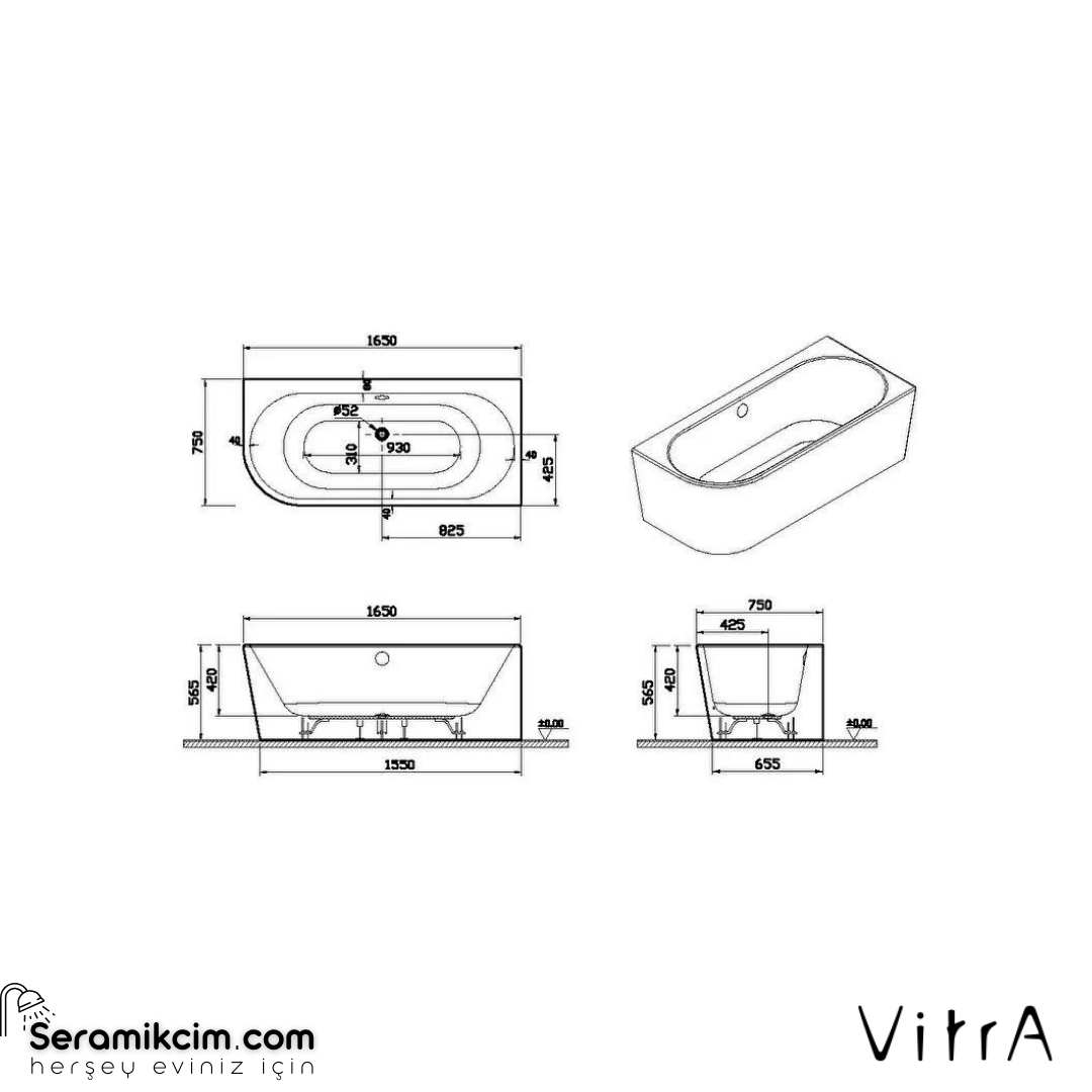 VitrA Geo 165X75 Sağ Köşe Küvet + Ayak Seti + Standart Sifon