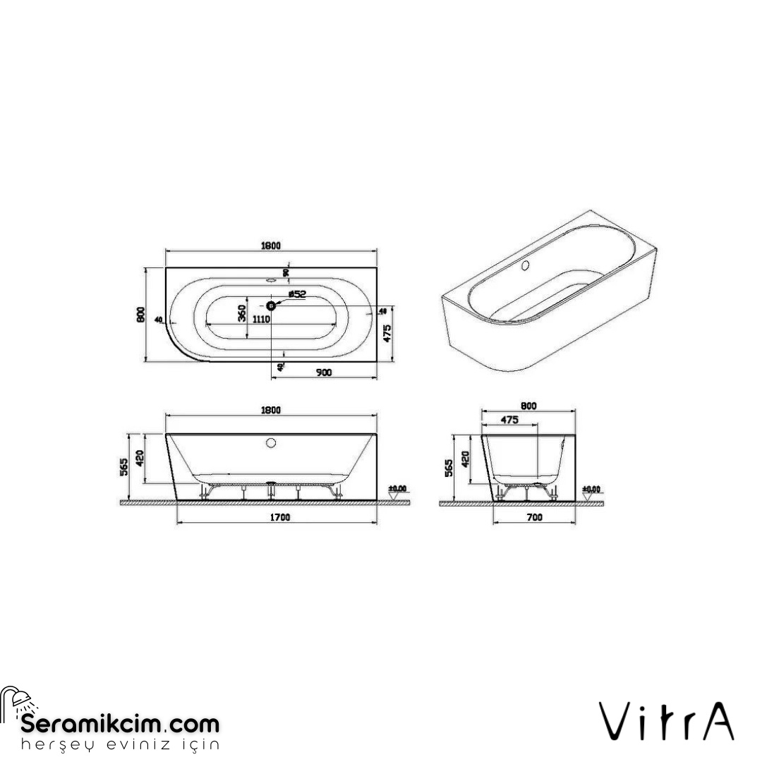 VitrA Geo 180X80 Sağ Köşe Küvet + Ayak Seti + Kare Sifon