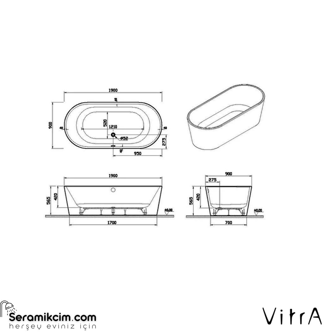VitrA Geo 190X90 Freestanding Küvet + Ayak Seti + Kare Sifon
