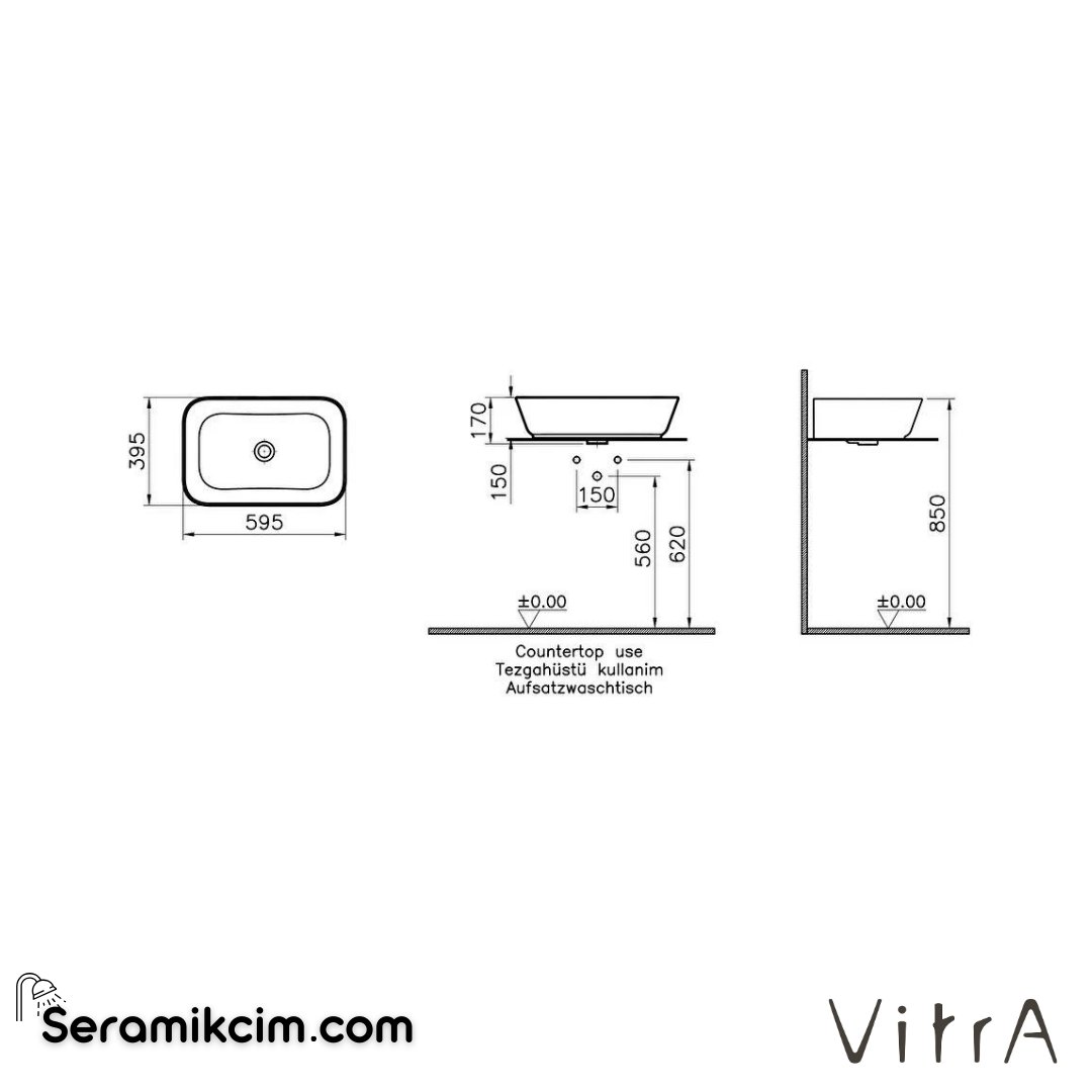 Vitra Geo Çanak Lavabo Dikdörtgen, 60X39 Cm Armatür Deliksiz, Su Taşma Delikli, Siyah - 7425B070-0012