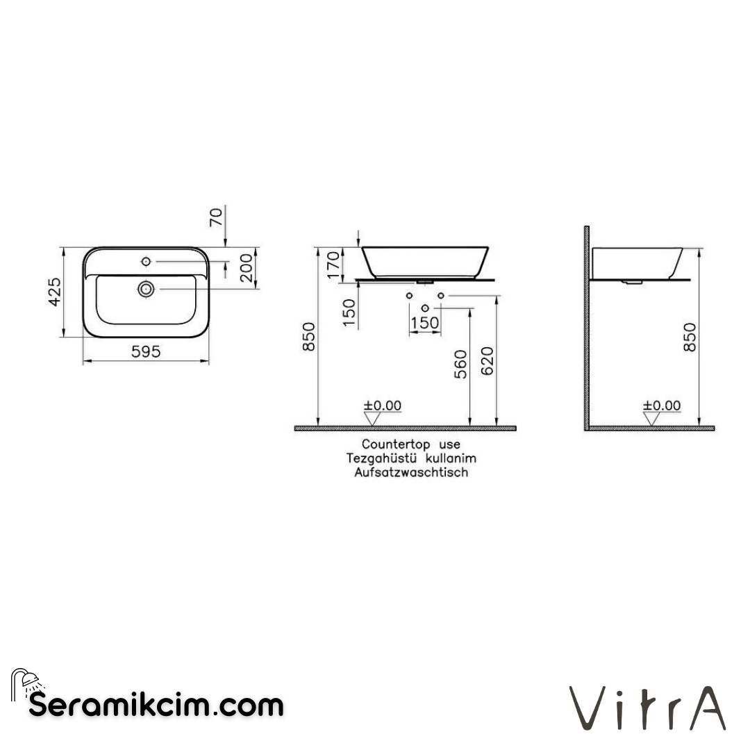 Vitra Geo Çanak Lavabo Dikdörtgen, 60X43 Cm Tek Armatür Delikli, Su Taşma Deliksiz, Mat Bej - 7426B020-0041