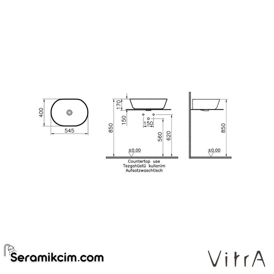 Vitra Geo Çanak Lavabo Oval, 55X40 Cm Armatür Deliksiz, Su Taşma Delikli, Siyah - 7427B070-0012