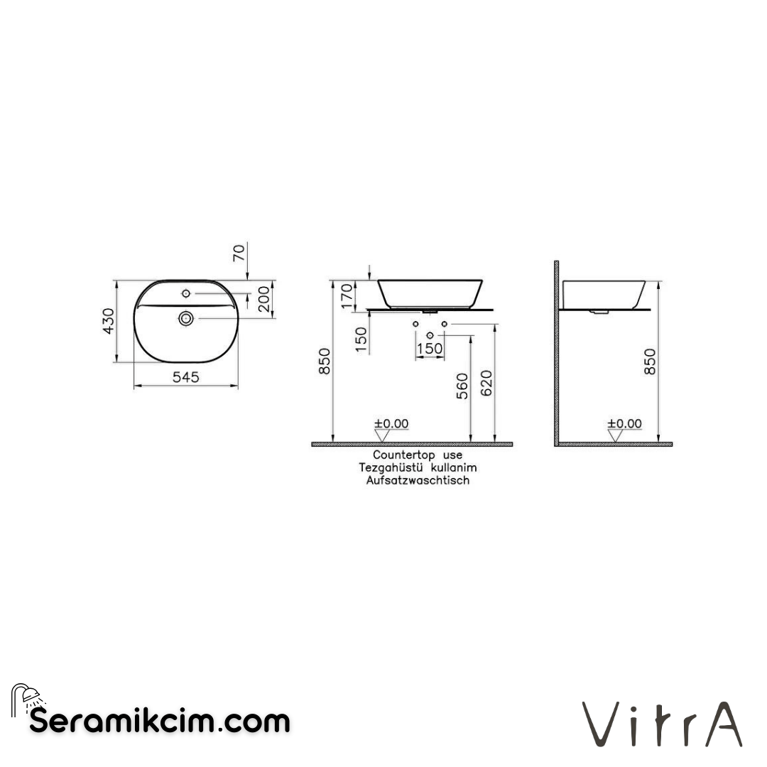 Vitra Geo Çanak Lavabo Oval, 55X43 Cm Tek Armatür Delikli, Su Taşma Delikli, Mat Bej - 7428B020-0001