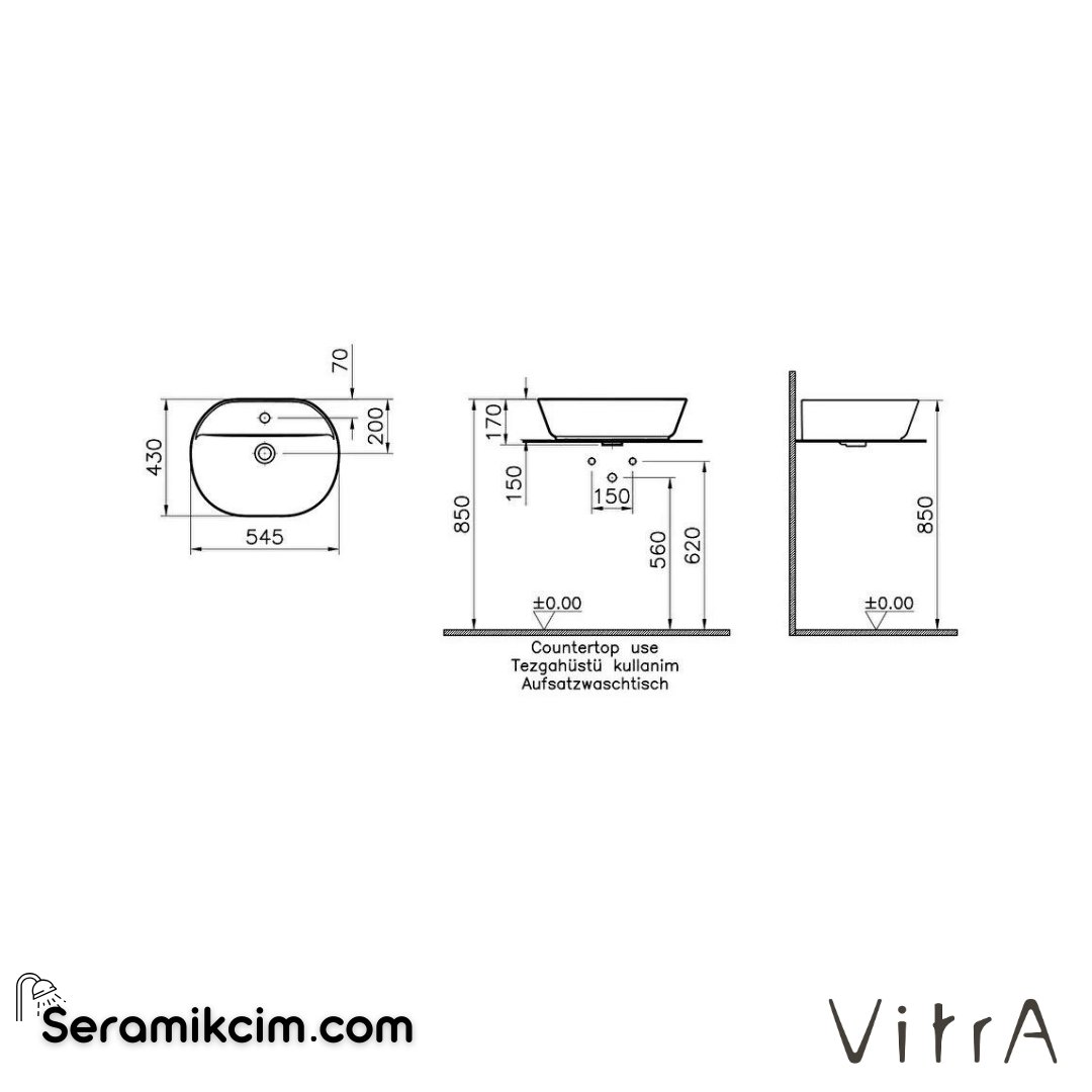Vitra Geo Çanak Lavabo Oval, 55X43 Cm Tek Armatür Delikli, Su Taşma Deliksiz, Mat Beyaz - 7428B001-0041