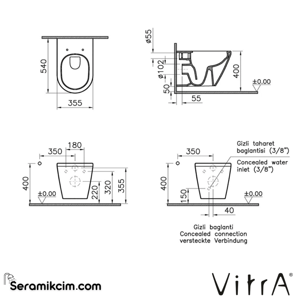 VitrA Integra Asma Klozet Rim-ex, 54 cm Taharet Borulu, Mat Beyaz - 7062B001-0850