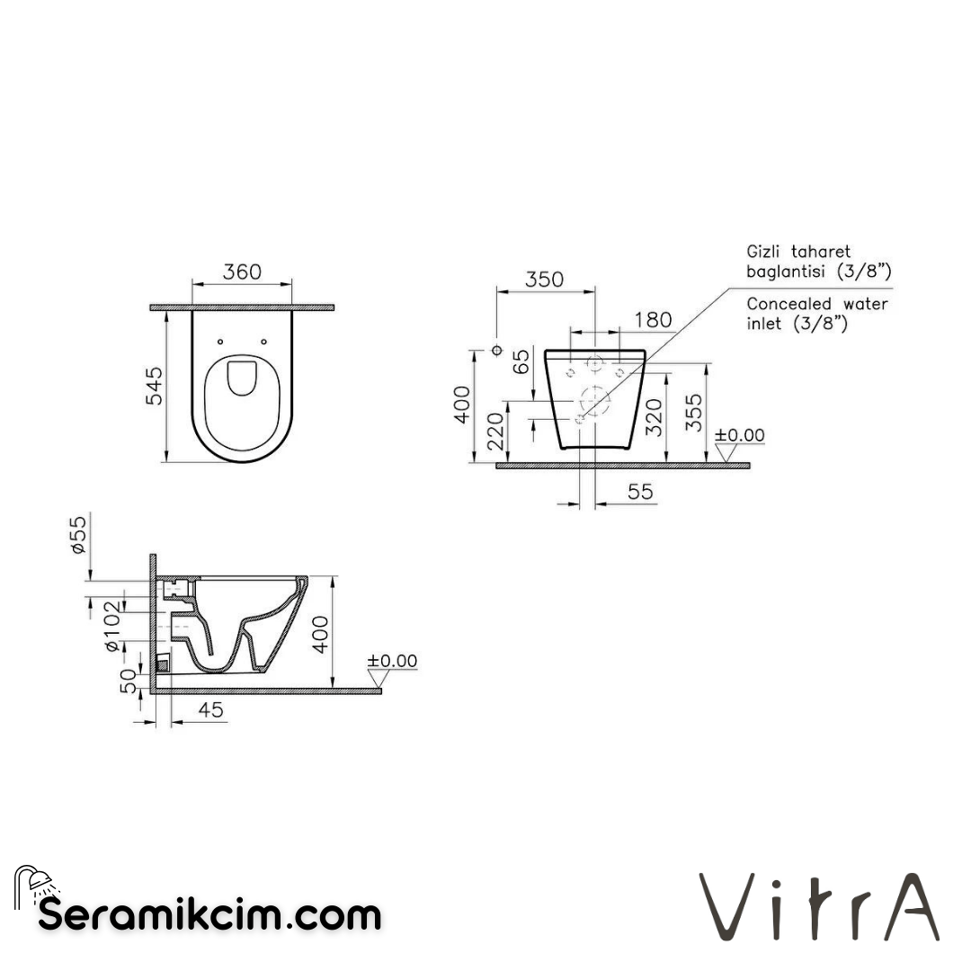 VitrA Integra Asma Klozet Rim-ex, Gizli Montajlı, 55 cm Taharet Borulu, Taharet Borusu Girişi Sıva Altı Uygulamalı, Mat Siyah - 7040B083-0090