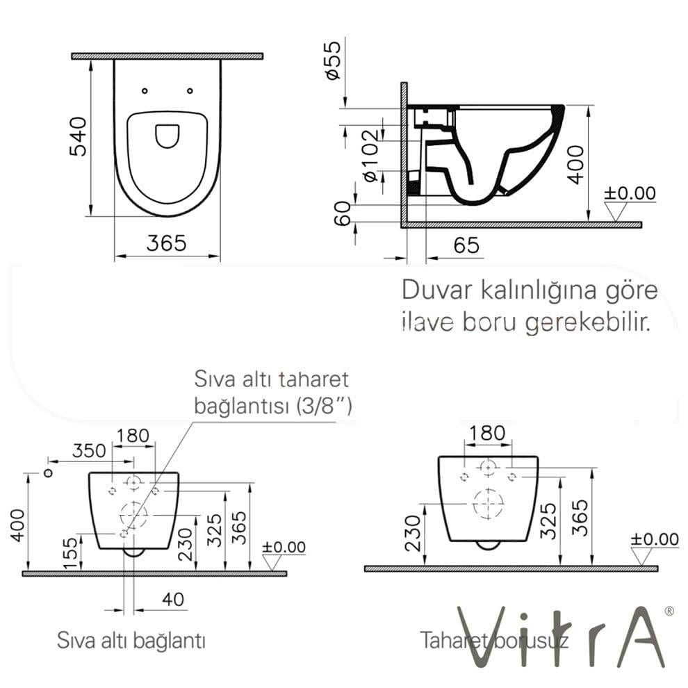VitrA Integra Square Asma Klozet Rim-ex, Gizli Montajlı, 55 cm Taharet Borulu, Taharet Borusu Girişi Sıva Altı Uygulamalı, Beyaz - 7082L003-0090