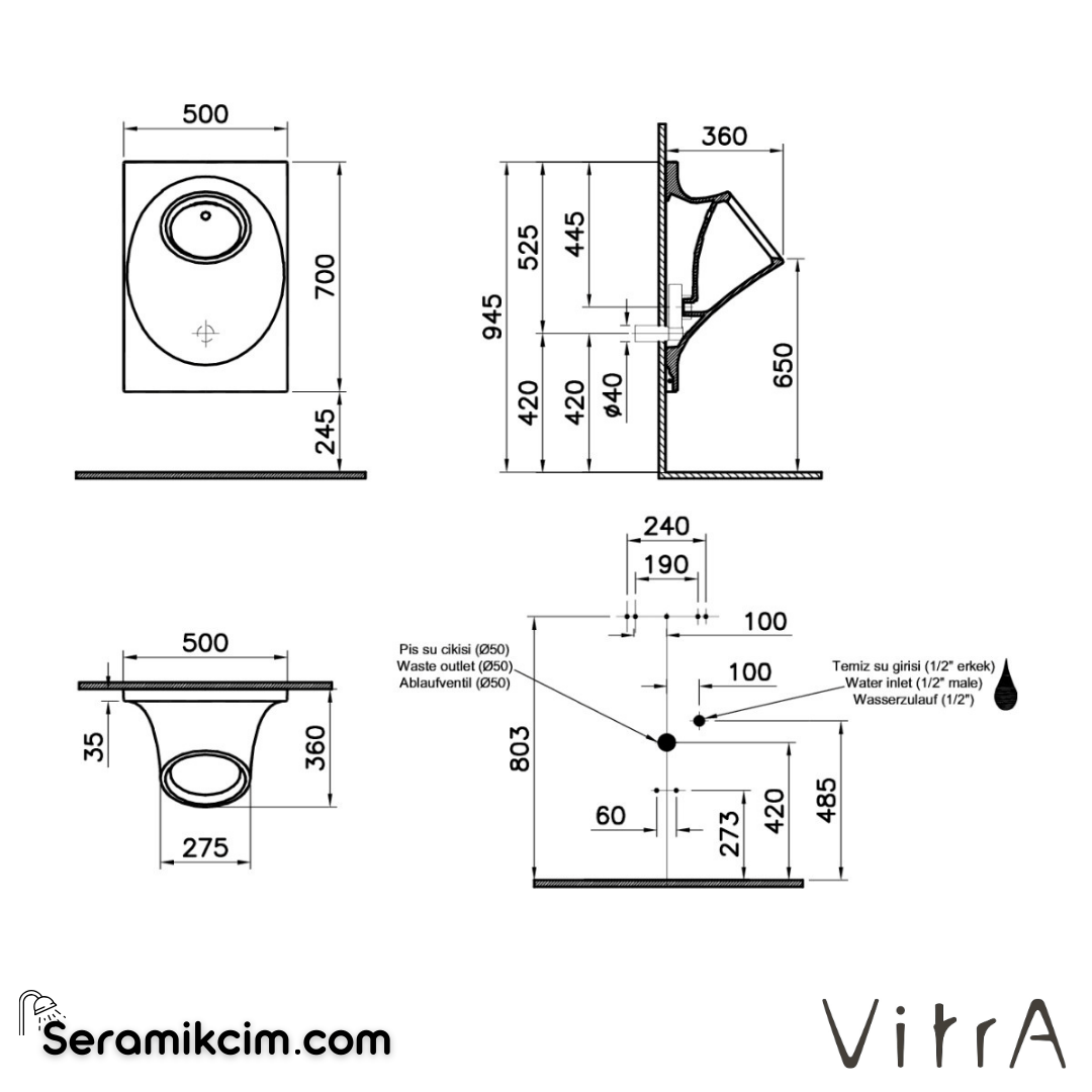 VitrA İstanbul Pisuvar  Temassız, Arkadan Su Girişli, Pilli, Siyah - 4517B070-5300