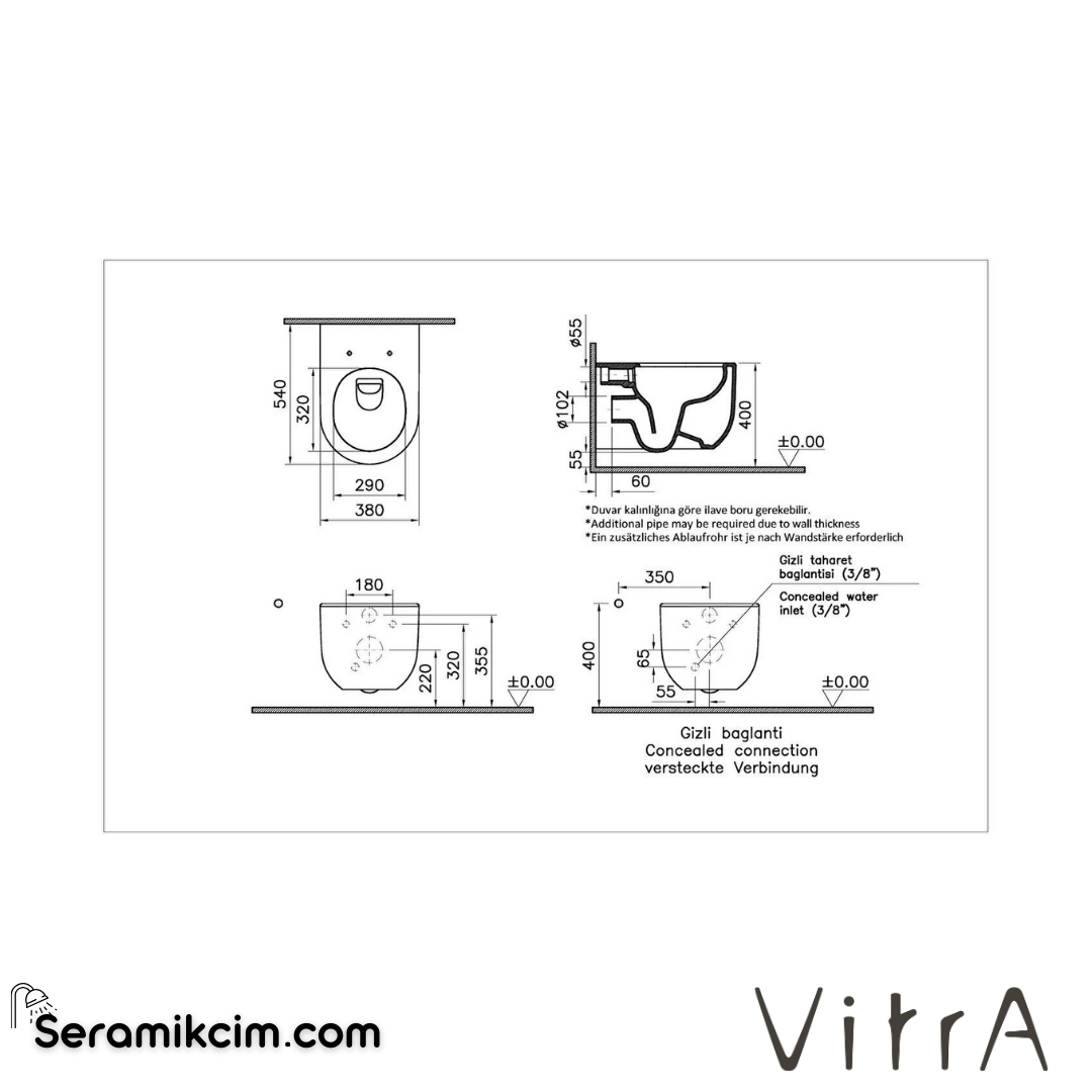 VitrA Liquid Asma Klozet Rim-ex, Gizli Montajlı, 54 cm Taharet Borulu, Taharet Borusu Girişi Sıva Altı Uygulamalı, Clean, Beyaz - 7321B403-0090