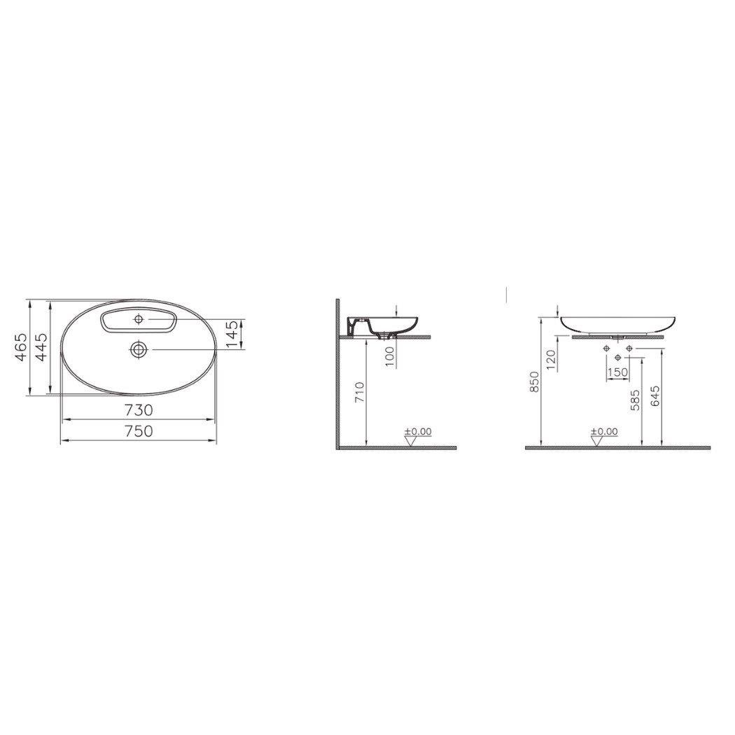Vitra Memoria Çanak Lavabo Oval, 75X47 Cm Tek Armatür Delikli, Su Taşma Deliksiz, Clean, Mat Bej - 5881B420-0563