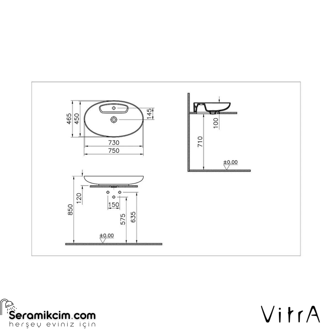 Vitra Memoria Çanak Lavabo Oval, 75X47 Cm Tek Armatür Delikli, Su Taşma Deliksiz, Clean, Mat Bej
