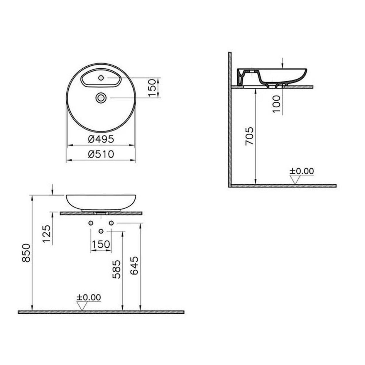 Vitra Memoria Çanak Lavabo Yuvarlak, Kompakt, 50X51 Cm Tek Armatür Delikli, Su Taşma Deliksiz, Clean, Mat Beyaz - 5880B401-0563