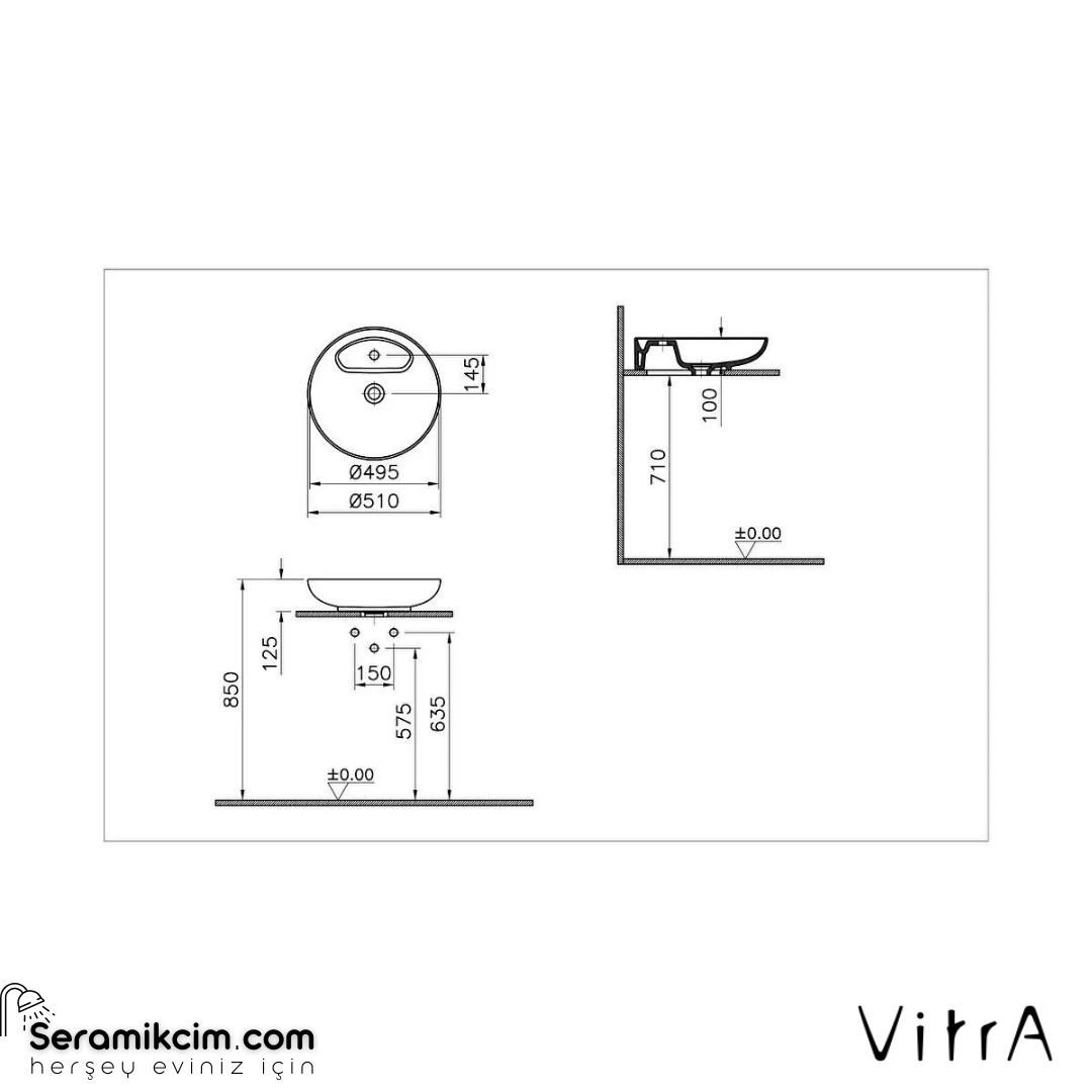 Vitra Memoria Çanak Lavabo Yuvarlak, Kompakt, 50X51 Cm Tek Armatür Delikli, Su Taşma Deliksiz, Clean, Beyaz
