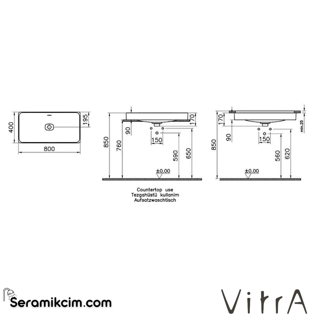 VitrA Metropole Çanak Lavabo Dikdörtgen, 80x40 cm Armatür Deliksiz, Su Taşma Delikli, Mat Siyah - 7536B083-0673