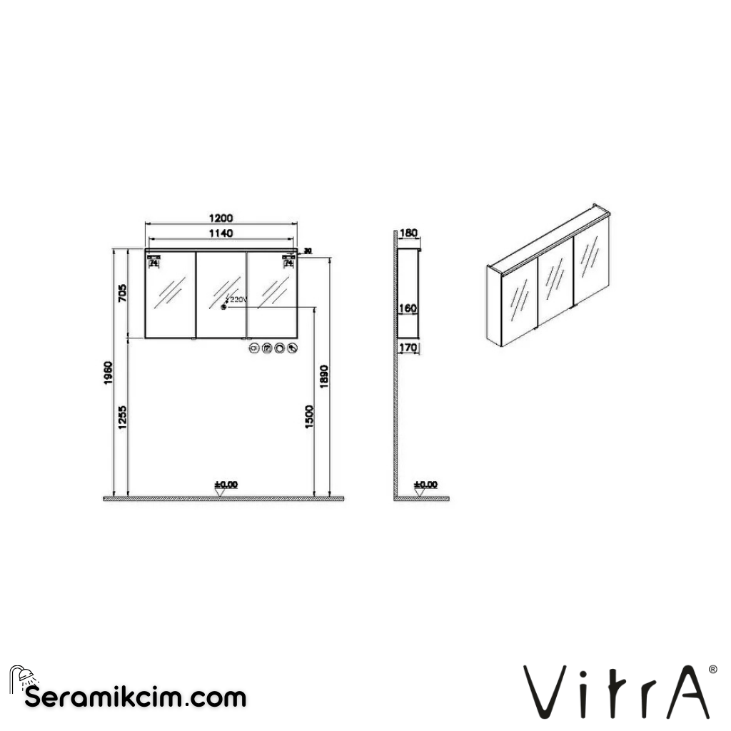 VitrA Metropole Edge Dolaplı Ayna 120 cm, aydınlatmalı sensörlü, açık meşe 67148 - 67148