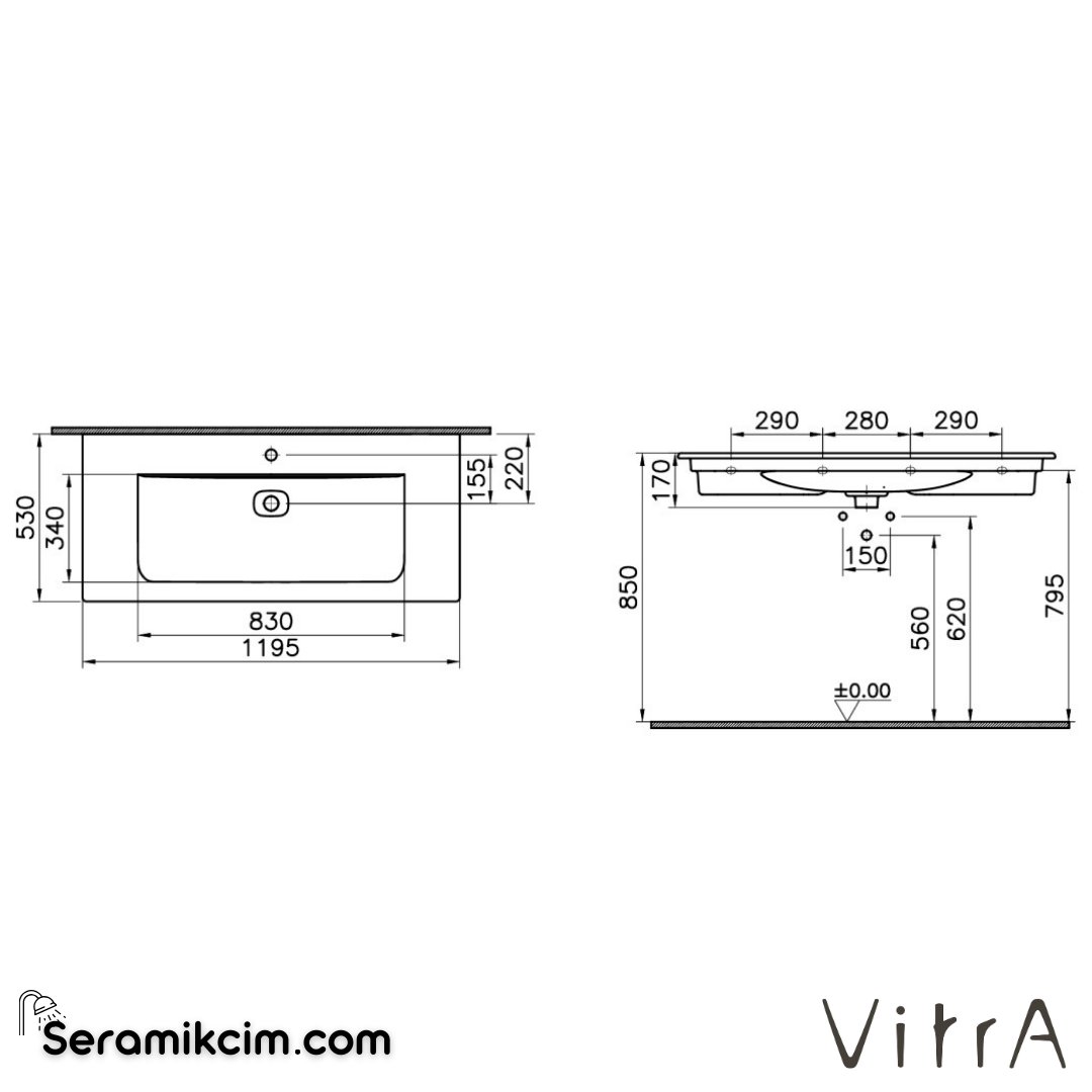 VitrA Metropole Etajerli Lavabo 120x53 cm Tek Armatür Delikli, Su Taşma Delikli, Mat Taş Gri - 7540B076-0001