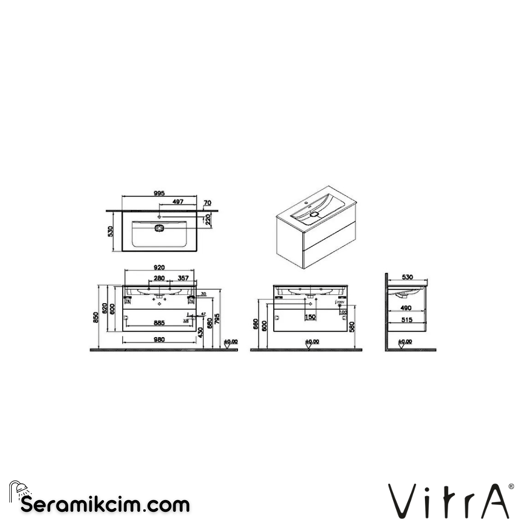 VitrA Metropole Pure Lavabo Dolabı 100 cm, iki çekmeceli standart lavabolu, mat açık gri 67210 - 67210