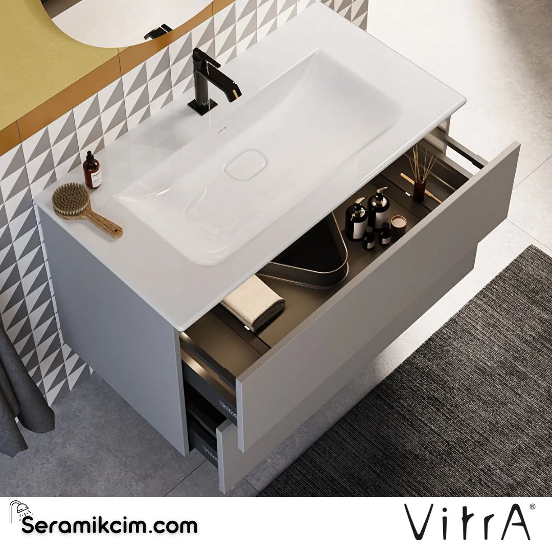 VitrA Metropole Pure Lavabo Dolabı 100 cm, iki çekmeceli standart lavabolu, mat açık gri 67210 - 67210