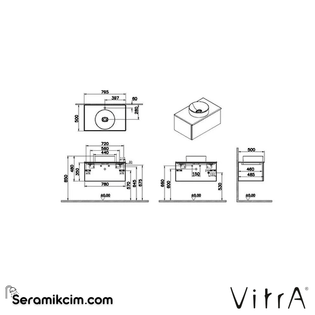 VitrA Metropole Pure Lavabo Dolabı 80 cm, bir çekmeceli çanak lavabolu ve seramik tezgahlı, mat açık gri 67216 - 67216