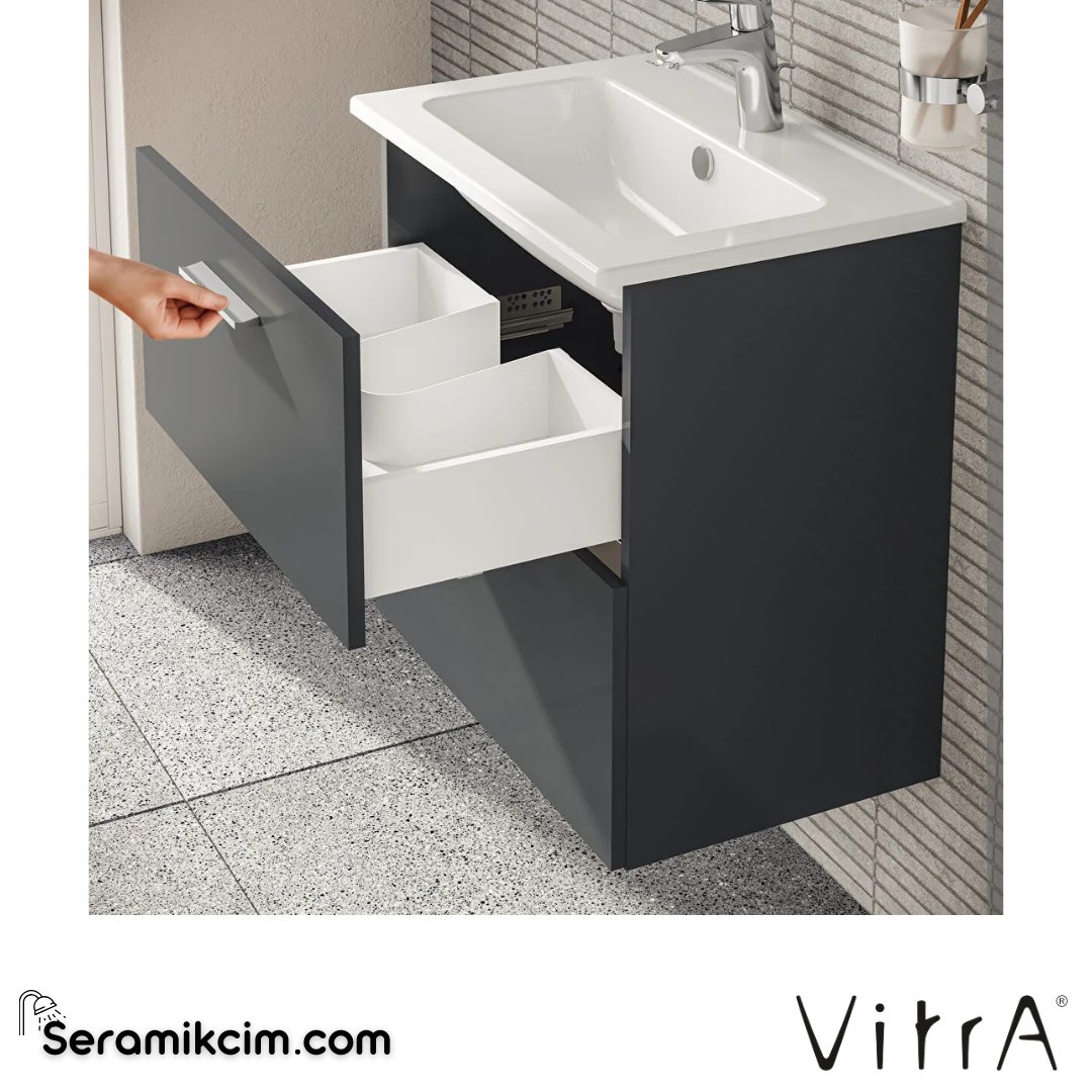 VitrA Mia Banyo Dolabı Seti 60 cm, iki çekmeceli lavabo dolabı, aydınlatmalı düz ayna, parlak antrasit 75102 - 75102
