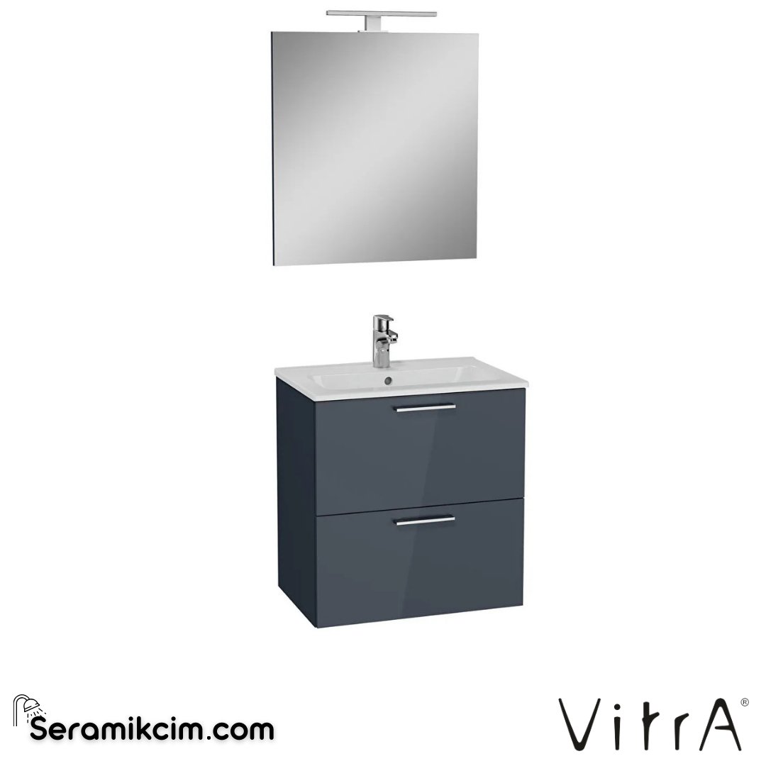 VitrA Mia Banyo Dolabı Seti 60 cm, iki çekmeceli lavabo dolabı, aydınlatmalı düz ayna, parlak antrasit 75102 - 75102
