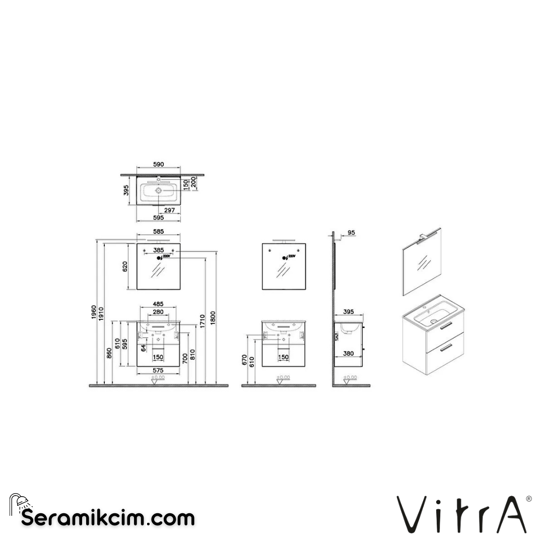 VitrA Mia Banyo Dolabı Seti 60 cm, iki çekmeceli lavabo dolabı, aydınlatmalı düz ayna, parlak antrasit 75102 - 75102