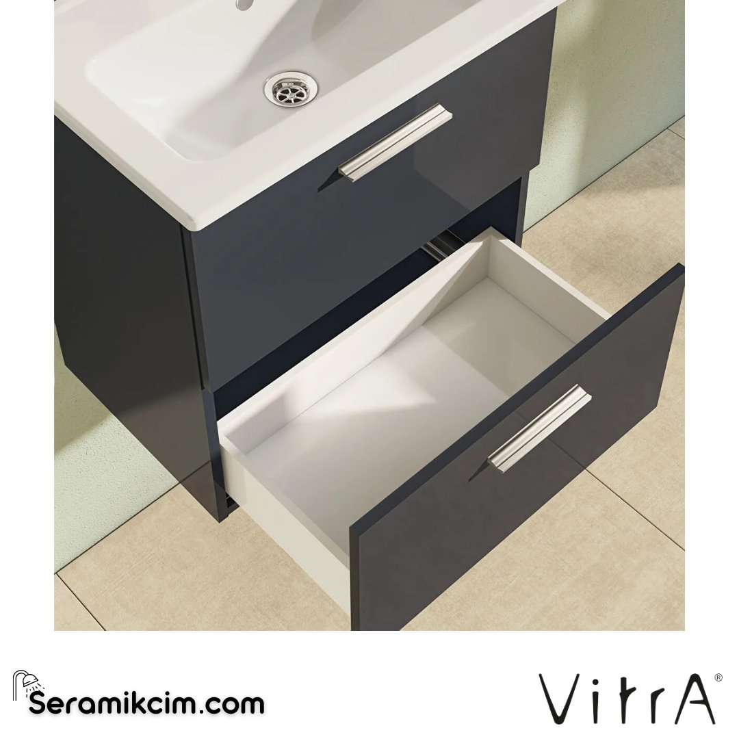 VitrA Mia Banyo Dolabı Seti 60 cm, iki çekmeceli lavabo dolabı, aydınlatmalı düz ayna, parlak antrasit 75102 - 75102