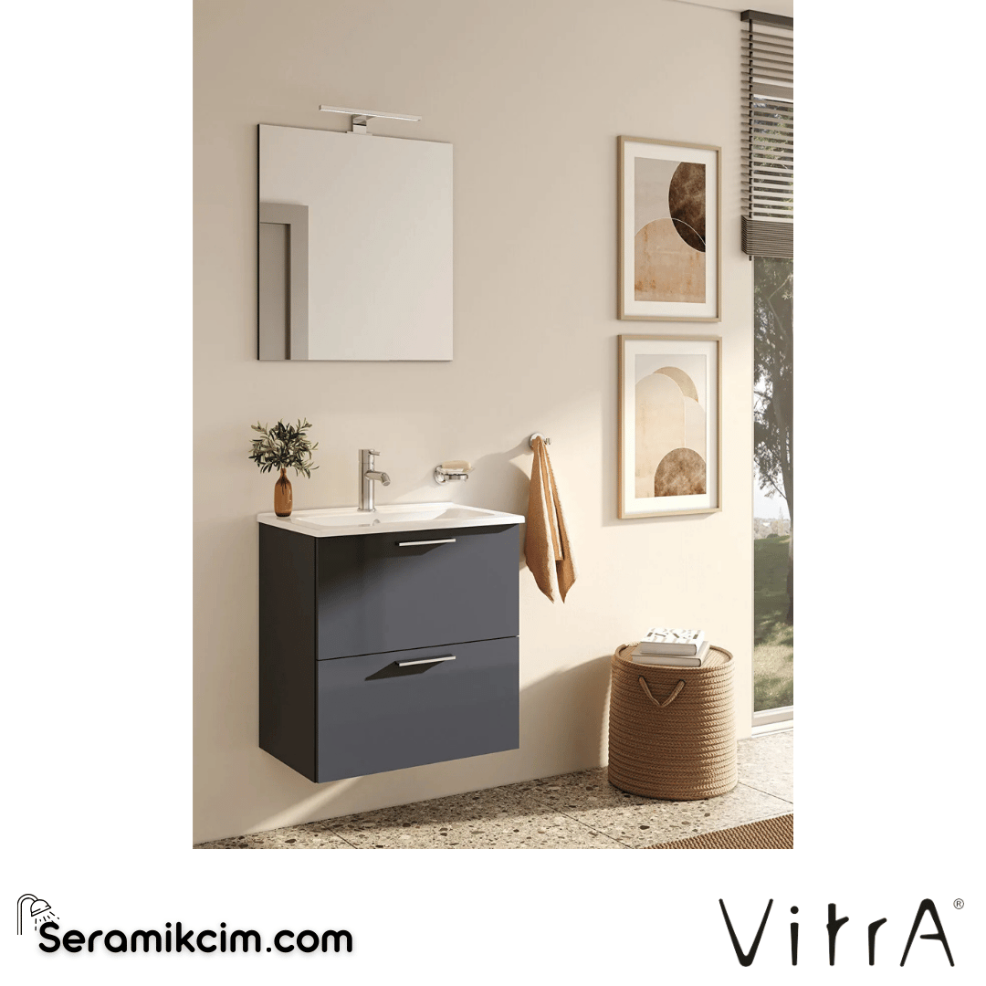VitrA Mia Banyo Dolabı Seti 60 cm, iki çekmeceli lavabo dolabı, aydınlatmalı düz ayna, parlak antrasit 75102 - 75102
